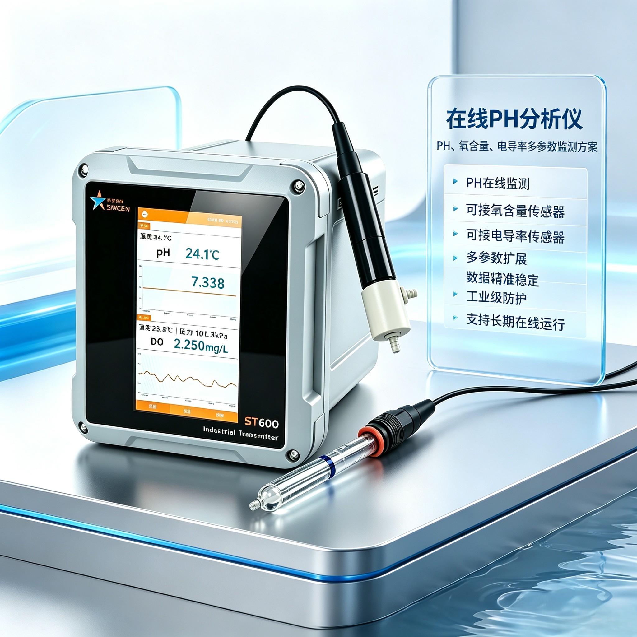 忻成科技ST600-PHG-800系列在线工业PH/ORP计多功能智能双通道水质分析仪，可接溶解氧、PH、电导、浊度等传感器